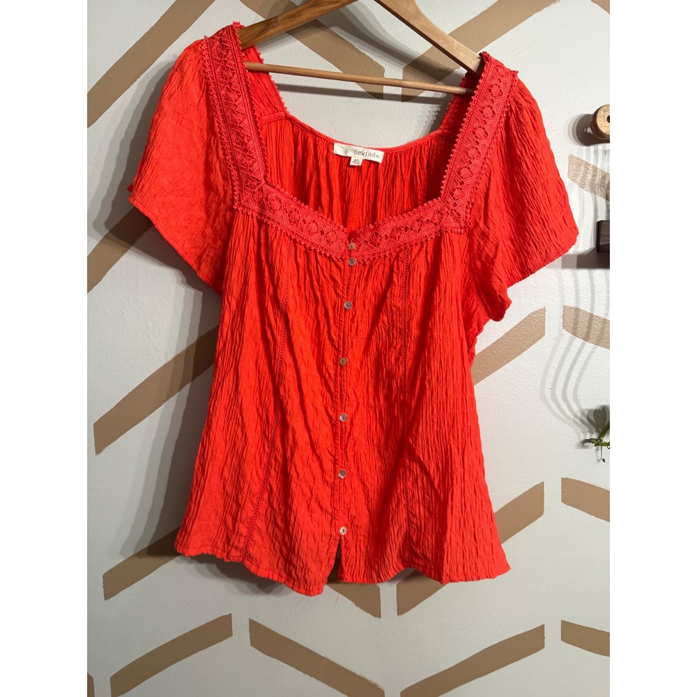 Rewind Boho Blouse Womens XL Peach Orange Crochet Lace Trim Button Front Top